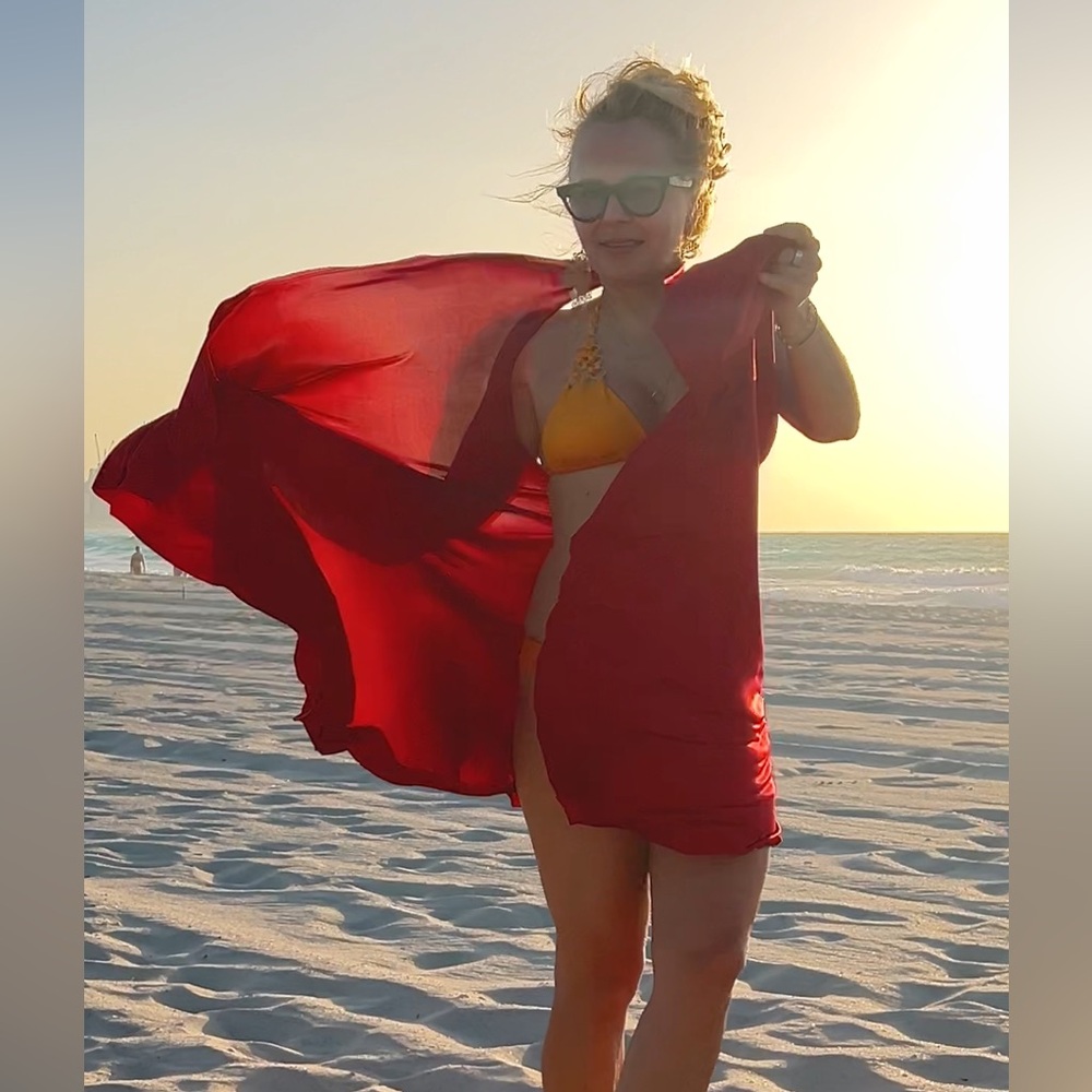 Vibrant rich burgundy Swim Coverup with 100% real silk bag